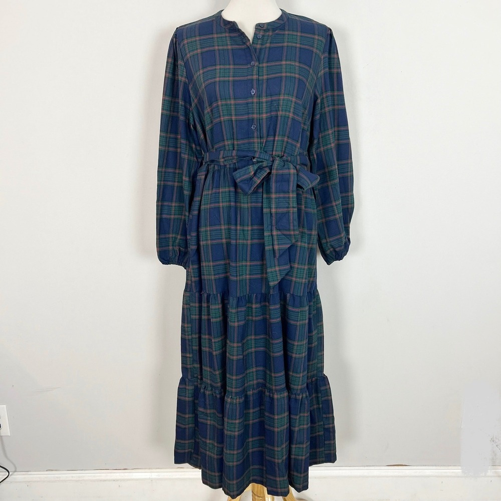 Lands End Blue Green Plaid Tiered Midi Dress Long Sleeve Belted Size Large 12-14